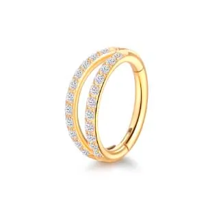 Argola Dupla RING Clicker em TITÂNIO PVD GOLD 1.2mm x 08mm com Pedras CRAVEJADAS 1008 Imagem