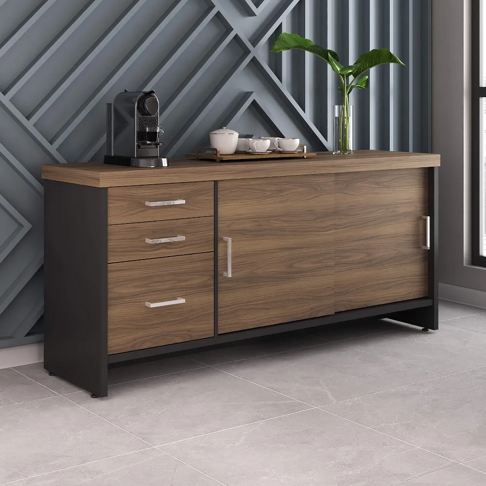 Armário Credenza Executivo 1600 Tamburato 50mm com Gavetas e Portas de Correr 