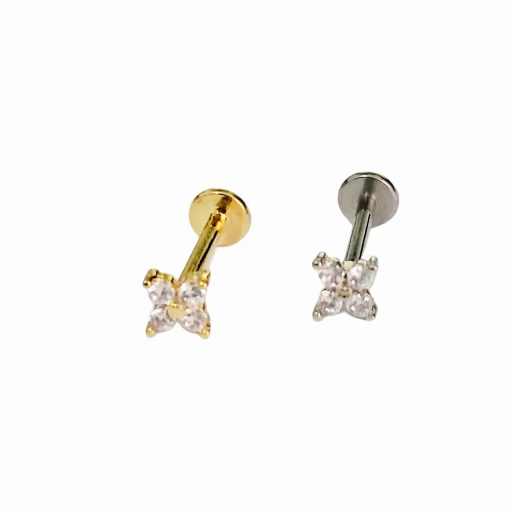 Labret Aço Cirúrgico BANHADO - 4 Pedras - 01  BNH09 Imagem