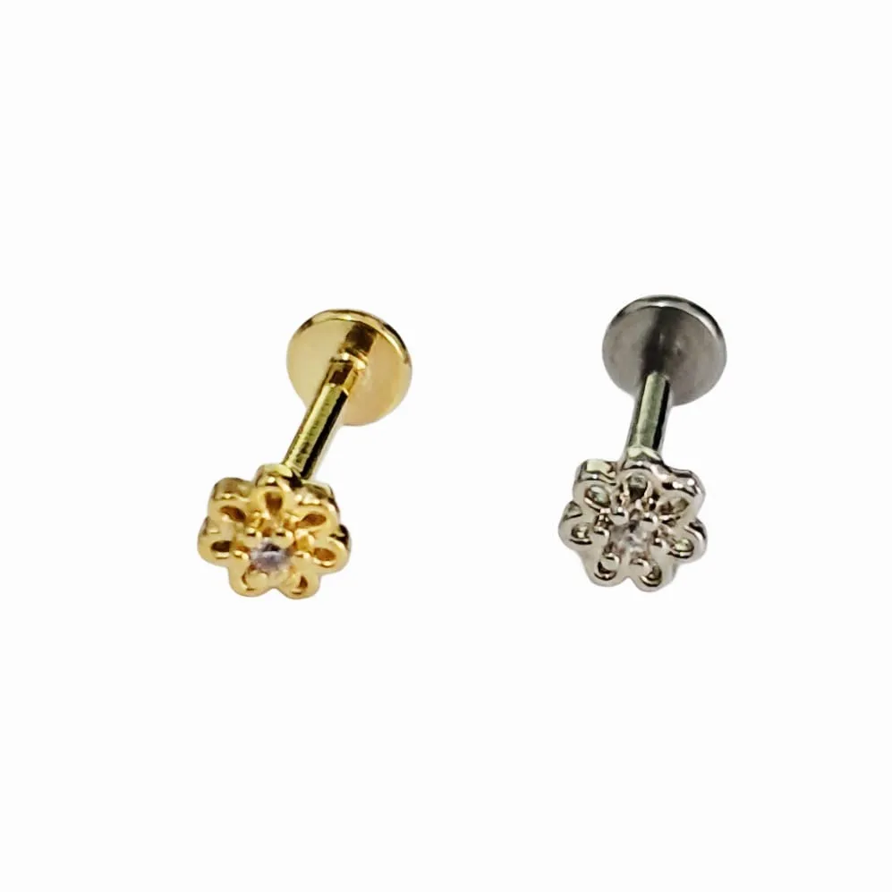 Labret Aço Cirúrgico BANHADO - FLOR 1 com Pedras   - 06  BNH09 Imagem