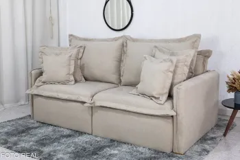 Sofá Retrátil e Cama 4 Almofadas Petra, Rima e Lima Tecido Bege Linho 1,80 metros - Foto 2