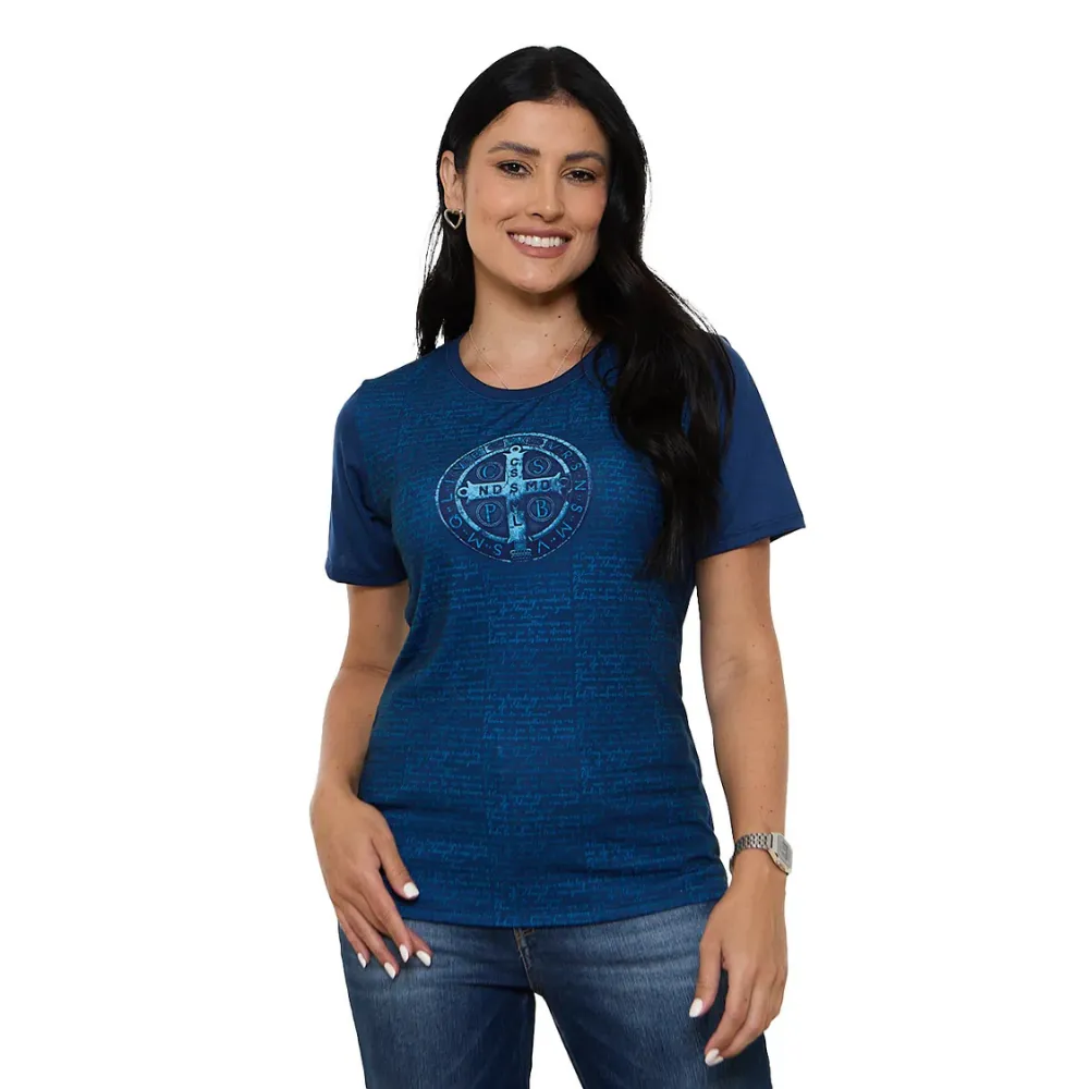 Baby Look Medalha de São Bento Azul Marinho Imagem