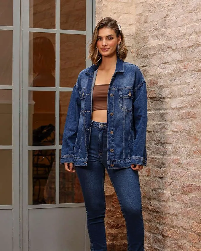 Jaqueta Jeans Oversized Revanche Feminina Azul Escuro Imagem