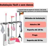 Porta Vassoura aço inox Rodo Suporte Com Encaixes e Ganchos Multiuso reforçado - Foto 5