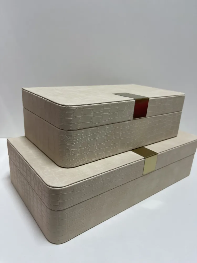 Kit Caixas Decorativas Couro Croco Marfim