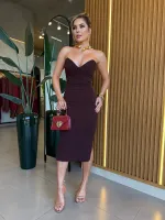 VESTIDO MIDI SEM ALÇAS MARROM - Foto 2