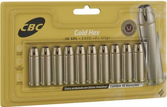 MUNIÇÃO CAL. 38 CBC GOLD HEX .38 SPL EXPO +P+ 125GR C/10