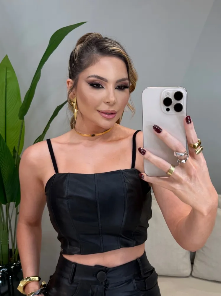 CROPPES CORSET COURO PU PRETO