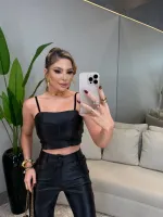CROPPES CORSET COURO PU PRETO - Foto 2