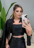 CROPPES CORSET COURO PU PRETO - Foto 4