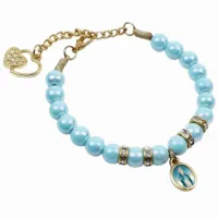 Pulseira Nossa Senhora das Graças pérola azul com strass coração