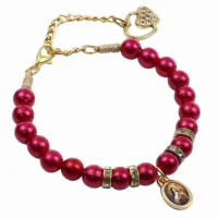 Pulseira Santa Terezinha pérola vermelha com strass coração