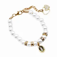 Pulseira Nossa Senhora das Graças pérola branca com strass coração