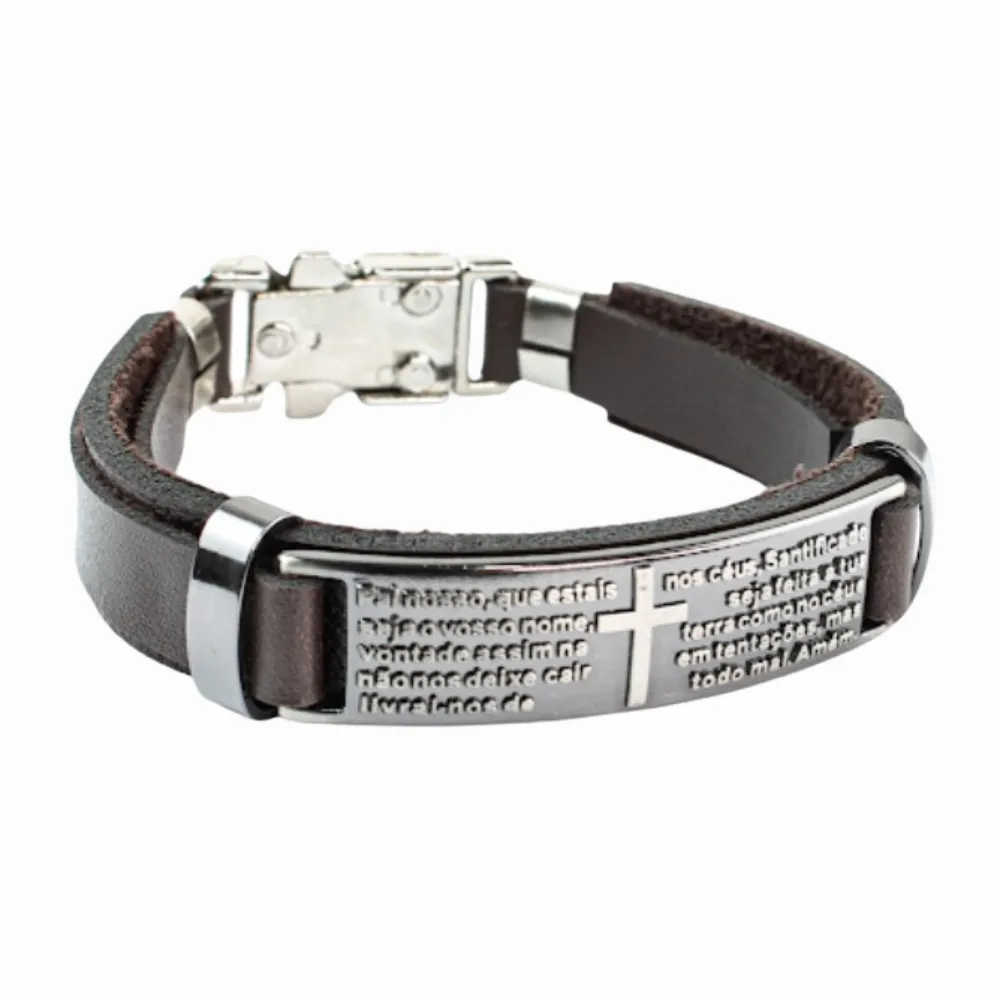 Pulseira Couro Preto Cruz com Pai Nosso Imagem
