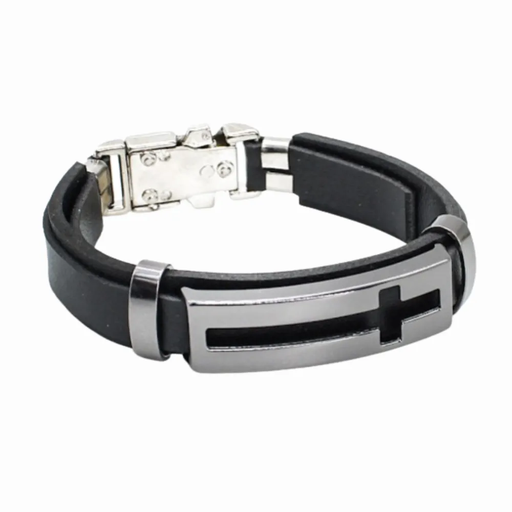 Pulseira Couro Preto Cruz