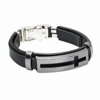 Pulseira Couro Preto Cruz