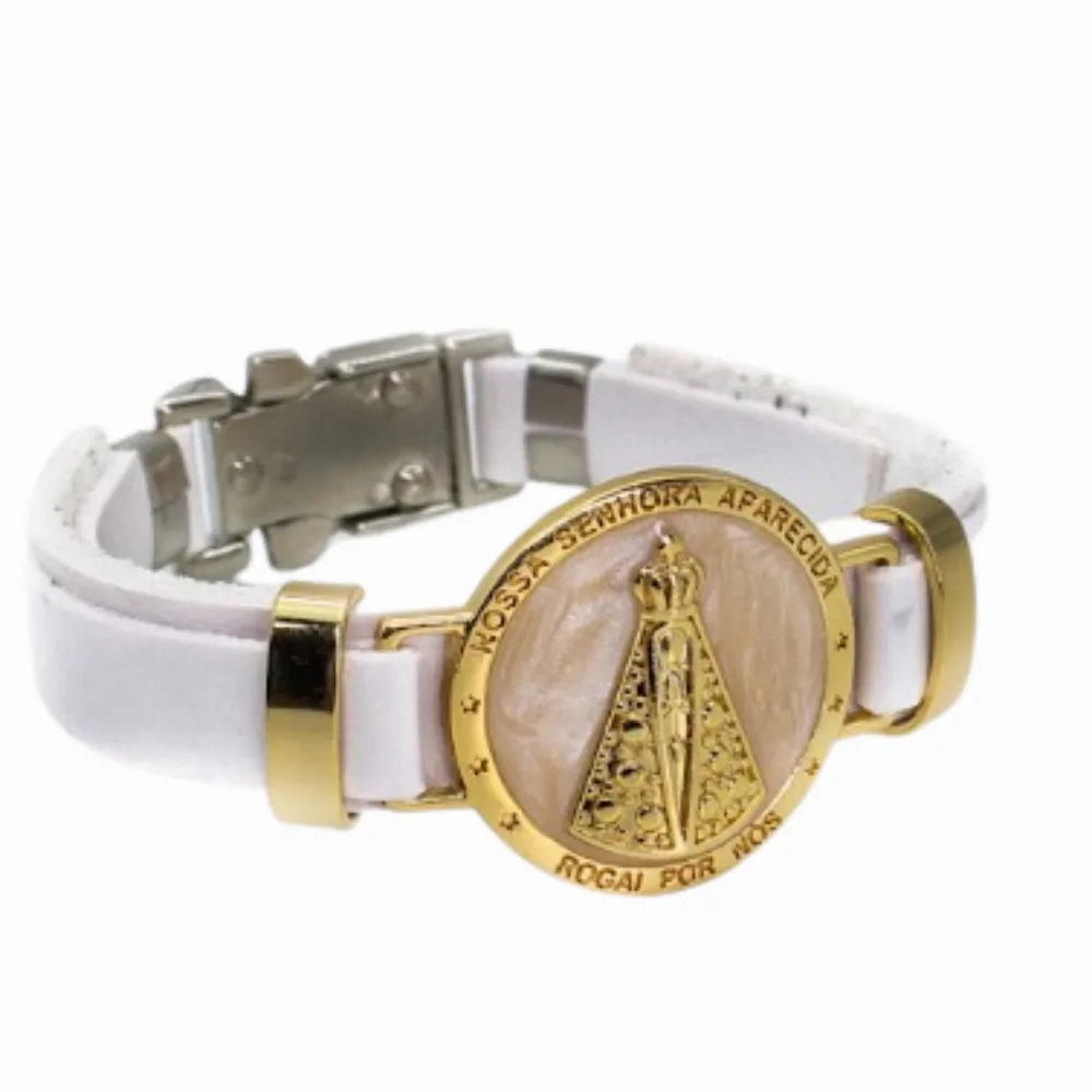 Pulseira Couro Branco Nossa Senhora Aparecida Imagem