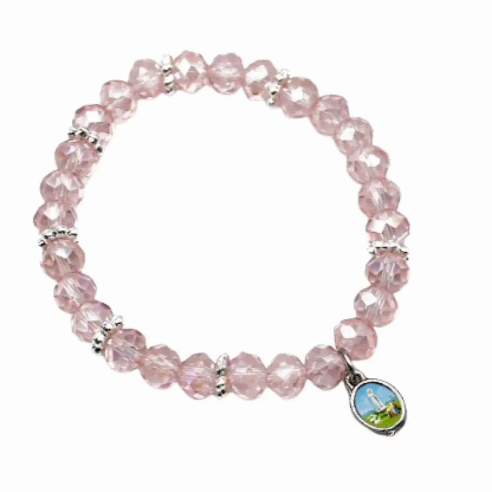 Pulseira Nossa Senhora de Fátima contas cristal de vidro rosa