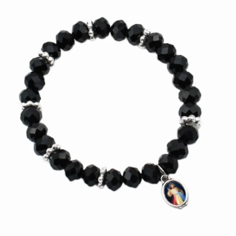 Pulseira Jesus Misericordioso contas cristal de vidro preto Imagem