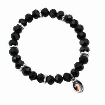 Pulseira Jesus Misericordioso contas cristal de vidro preto