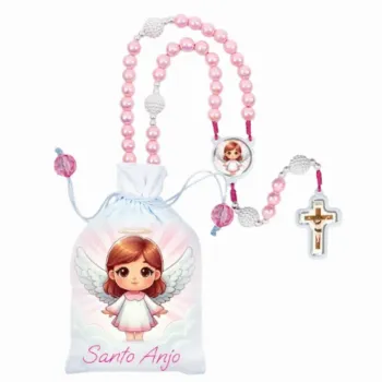 Terço Infantil Anjo da Guarda Rosa com Saquinho