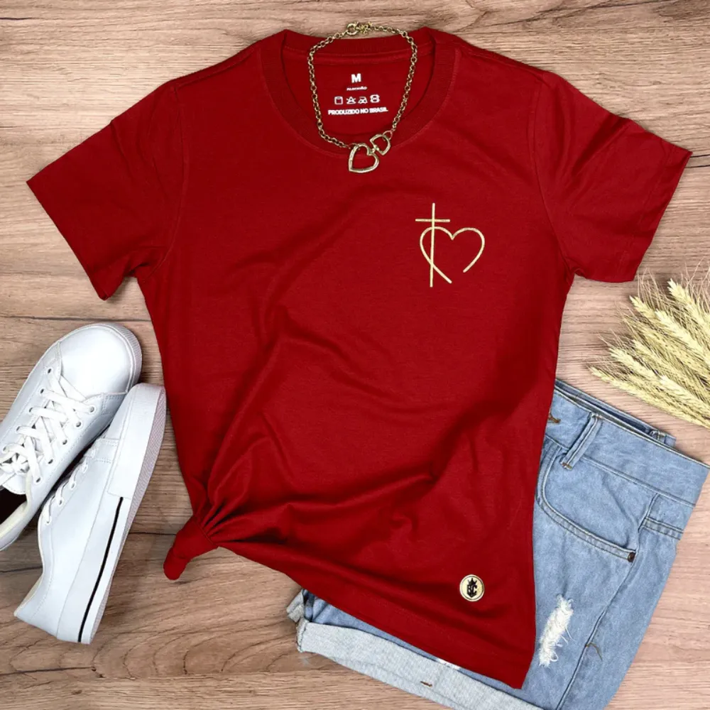 Camiseta Feminina Vermelha Cruz Coração Minimalista