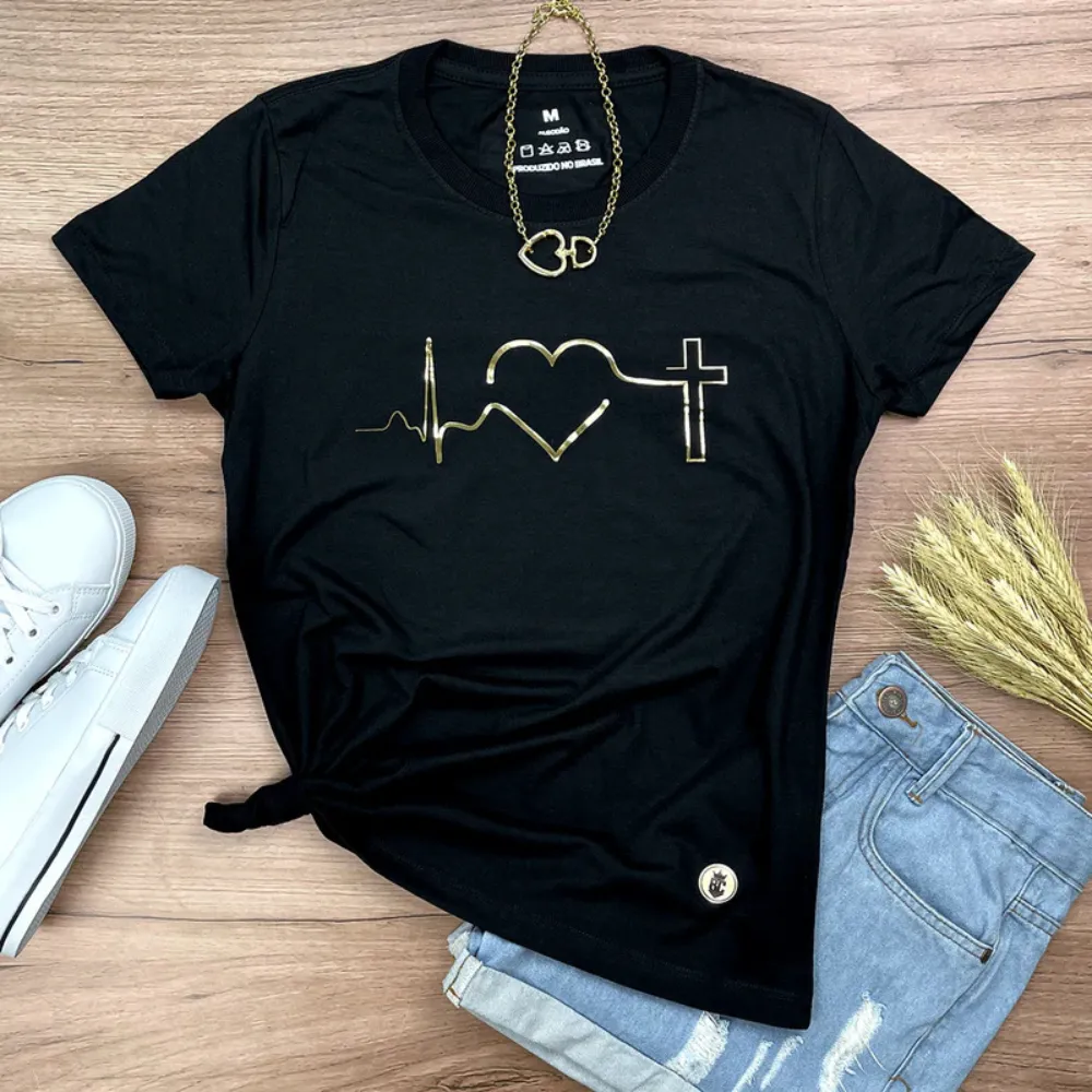 Camiseta Feminina Preta Batimento Coração Dourado Imagem