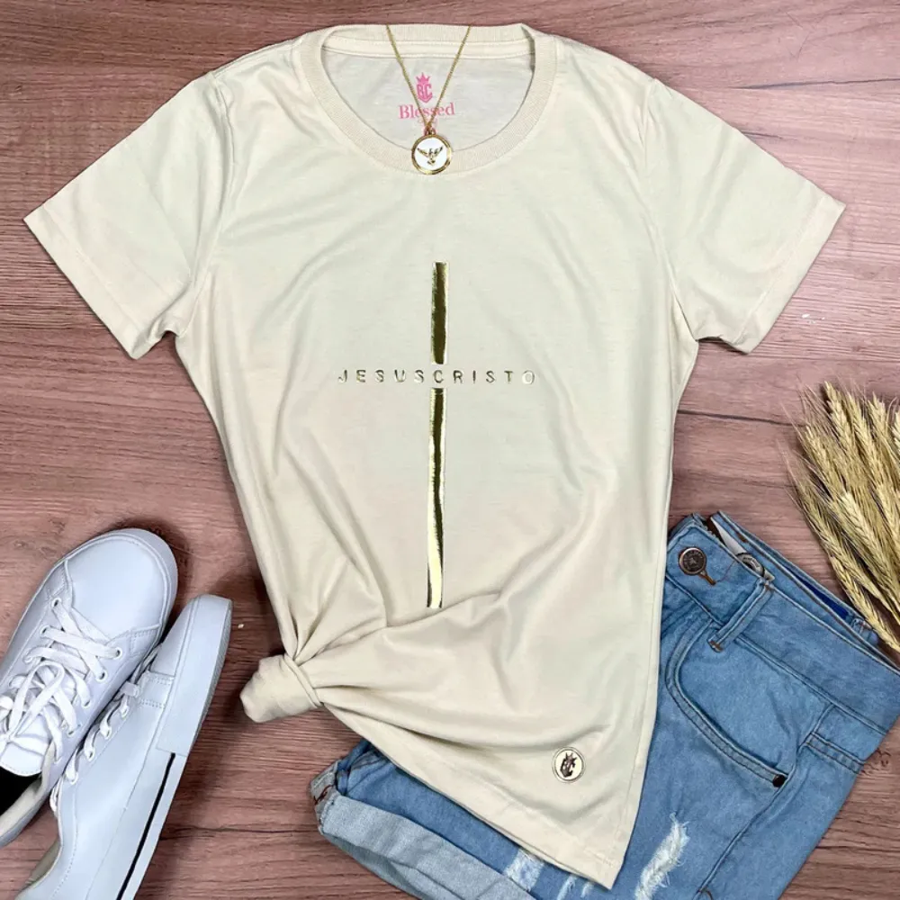 Camiseta Feminina Off White Cruz Dourada Jesus Cristo Imagem