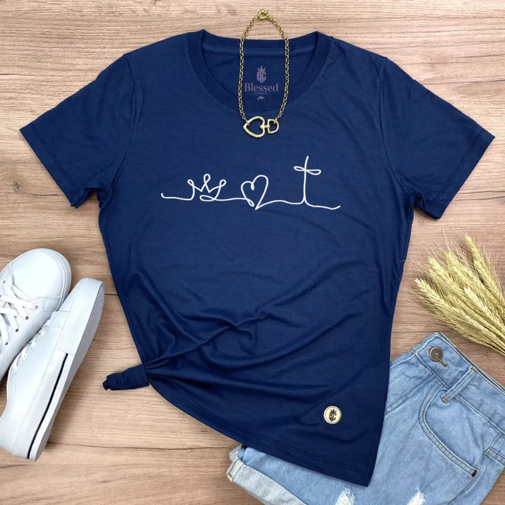 Camiseta Feminina Azul Coroa Coração