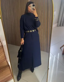 CONJUNTO GOLA BOBA E SAIA MIDI - AZUL MARINHO