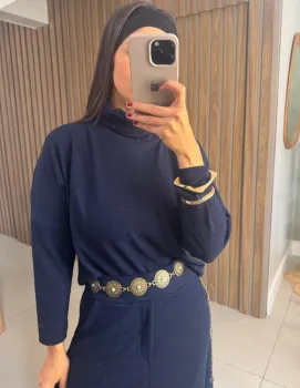 CONJUNTO GOLA BOBA E SAIA MIDI - AZUL MARINHO - Foto 2
