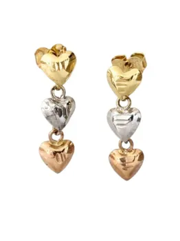 MJA-10529 - Brincos Três Coração Tricolor, Em Ouro 18K