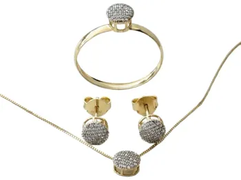 MJA-A16909-16-B16916-P16917 - Kit Feminino Anel Brincos Cordão e Pingente, Em Ouro 18K