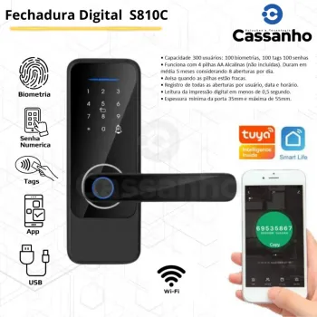 Fechadura Biométrica WIFI Digital S810 compacta em vidro temperado