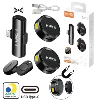 MICROFONE DE LAPELA SEM FIO RECARREGAVEL 1 PAR TIPO-C CLIPE MAGNETICO KAIDI KMF4-IPHONE 