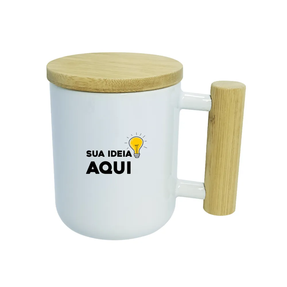 Caneca Cerâmica Branca com Alça e Tampa de Bambu - 325ml