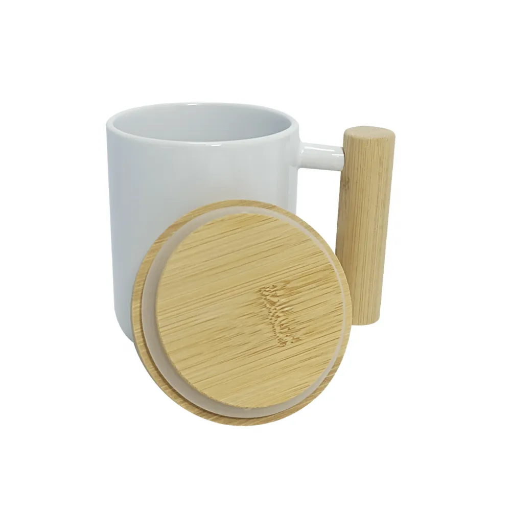 Caneca Cerâmica Branca com Alça e Tampa de Bambu - 325ml - Foto 2
