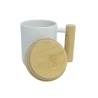Caneca Cerâmica Branca com Alça e Tampa de Bambu - 325ml - Foto 2