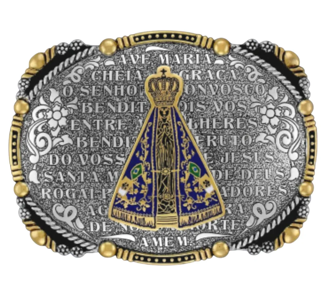 Ref: 10229 - Fivela Country Sumetal Nossa Senhora Aparecida Com Oração da Ave Maria. Fundo Escuro.