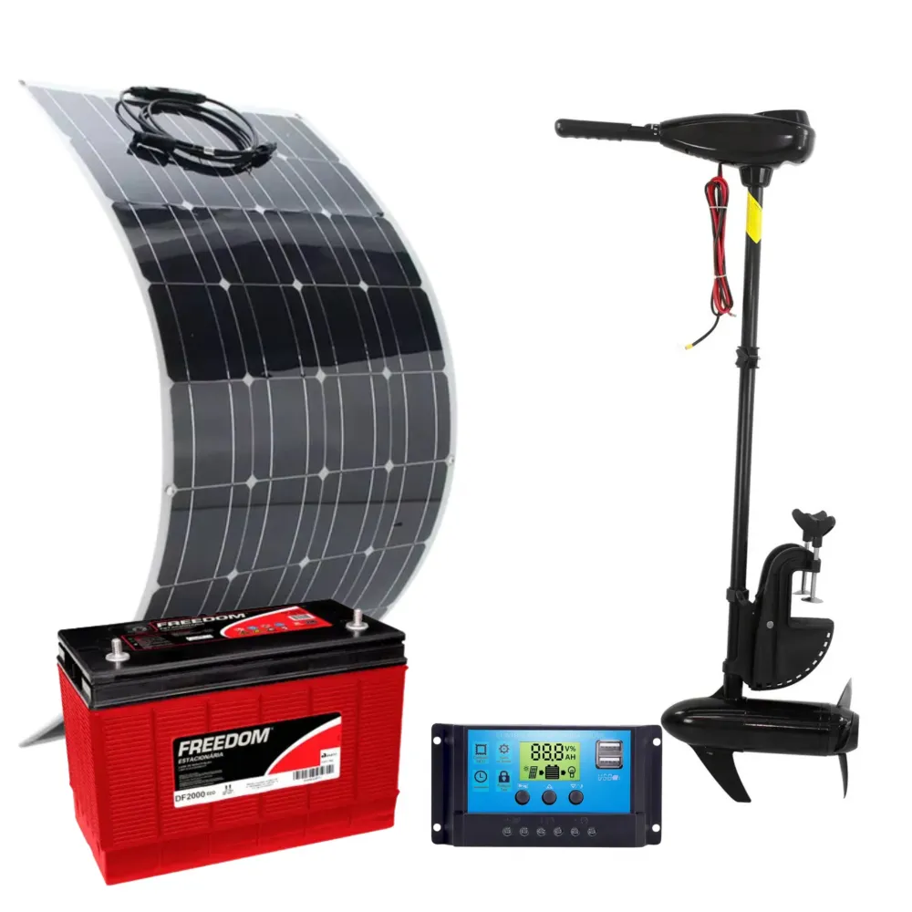 Kit Motor De Popa Elétrico 55lbs 2,5hp, painel Flexível 400w, Bateria Estacionária de 115ah e Controlador. Imagem