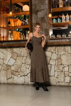 Vestido Midi Diva's Voga Listrado Preto/Caramelo - Foto 2