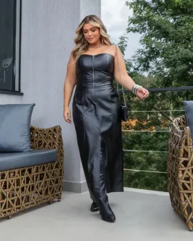 Conjunto Cropped Saia Midi Couro Eco PU Maria Francia Preto