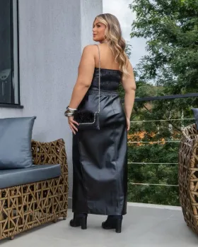 Conjunto Cropped Saia Midi Couro Eco PU Maria Francia Preto - Foto 2
