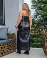 Conjunto Cropped Saia Midi Couro Eco PU Maria Francia Preto - Foto 2