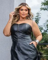 Conjunto Cropped Saia Midi Couro Eco PU Maria Francia Preto - Foto 3