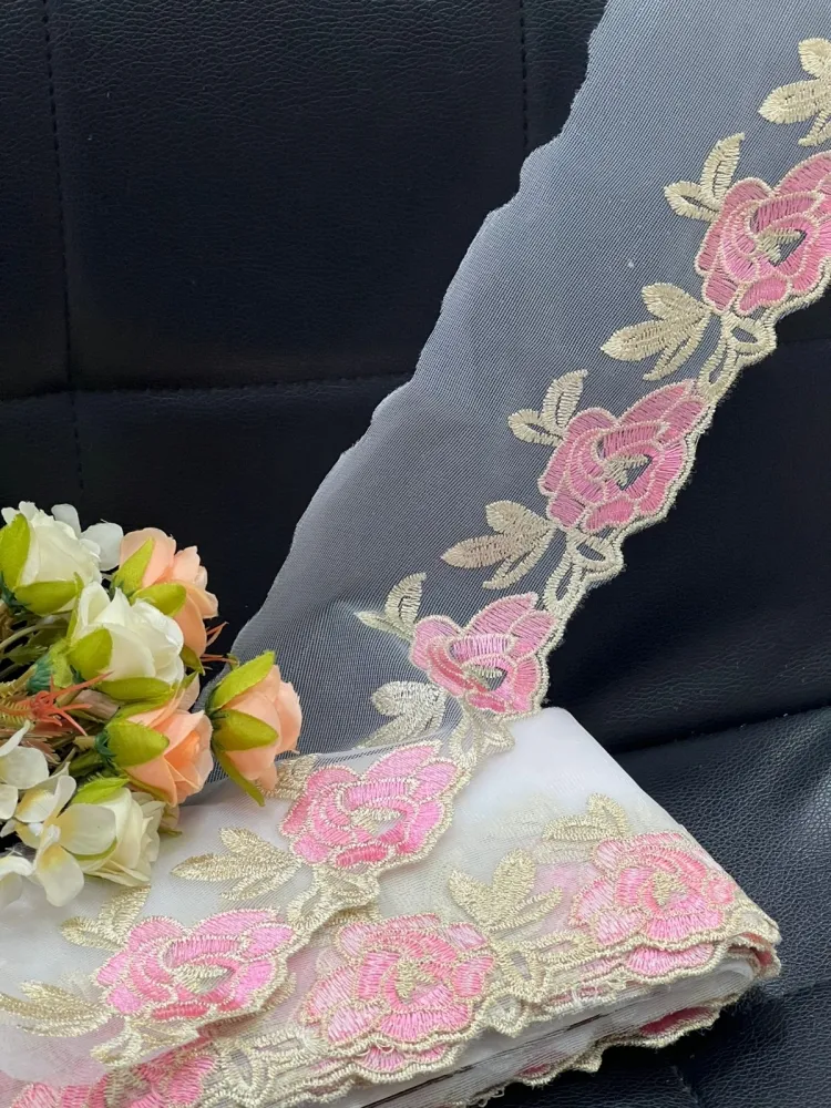  RENDA/TULE BORDADO CRL 09  ROSA  DOURADO Imagem