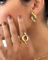 CONJUNTO ANEL E BRINCO ESPLENDOR BANHADO A OURO 18K E PRATA 925