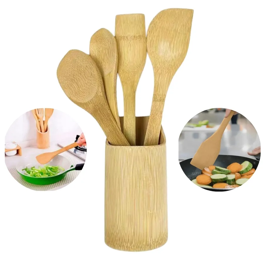 Kit Utensílios de Cozinha Bambu 5 Peça c/ Suporte