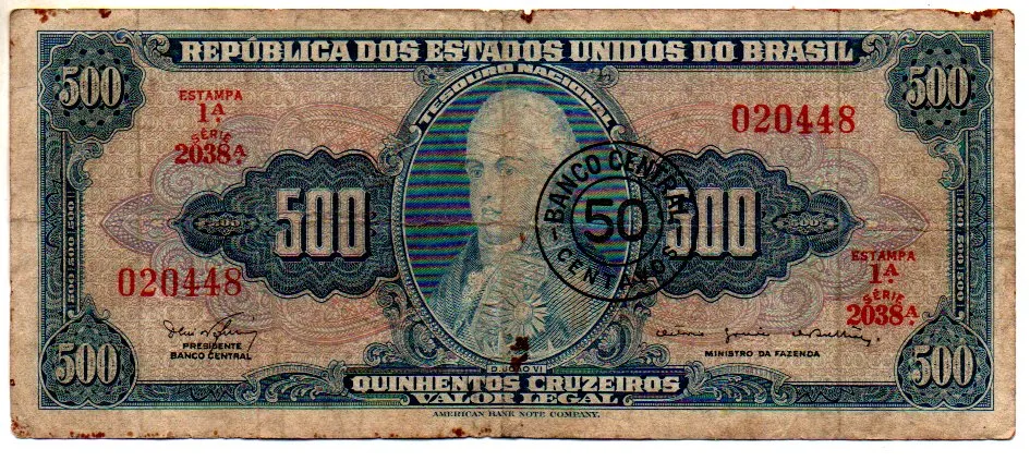 C119 - 50 Centavos (Sobre 500 Cruzeiros) - 1° Estampa - Série 2038 - D. João VI - Data: 1967 - R