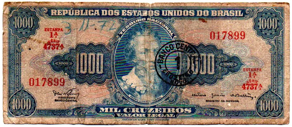C121 - 1 Cruzeiro Novo (Sobre 1000 Cruzeiros) - 1° Estampa - Série 4737 - Pedro Alvares Cabral - Data:1967 - UTG